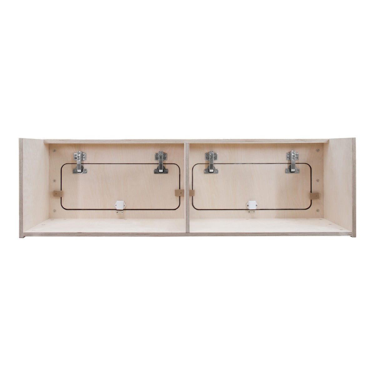 Hängeschrank für Wohnwagen in hellem Holz mit schwarzem Rand, 120cm x 35cm x 35cm, bietet zwei Fächer und robuste Metallbeschläge