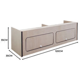 Hängeschrank für Wohnwagen in hellem Holz mit schwarzem Rand, zwei Schubladen, Maße 120cm x 35cm x 35cm, ideal für Stauraum und Organisation