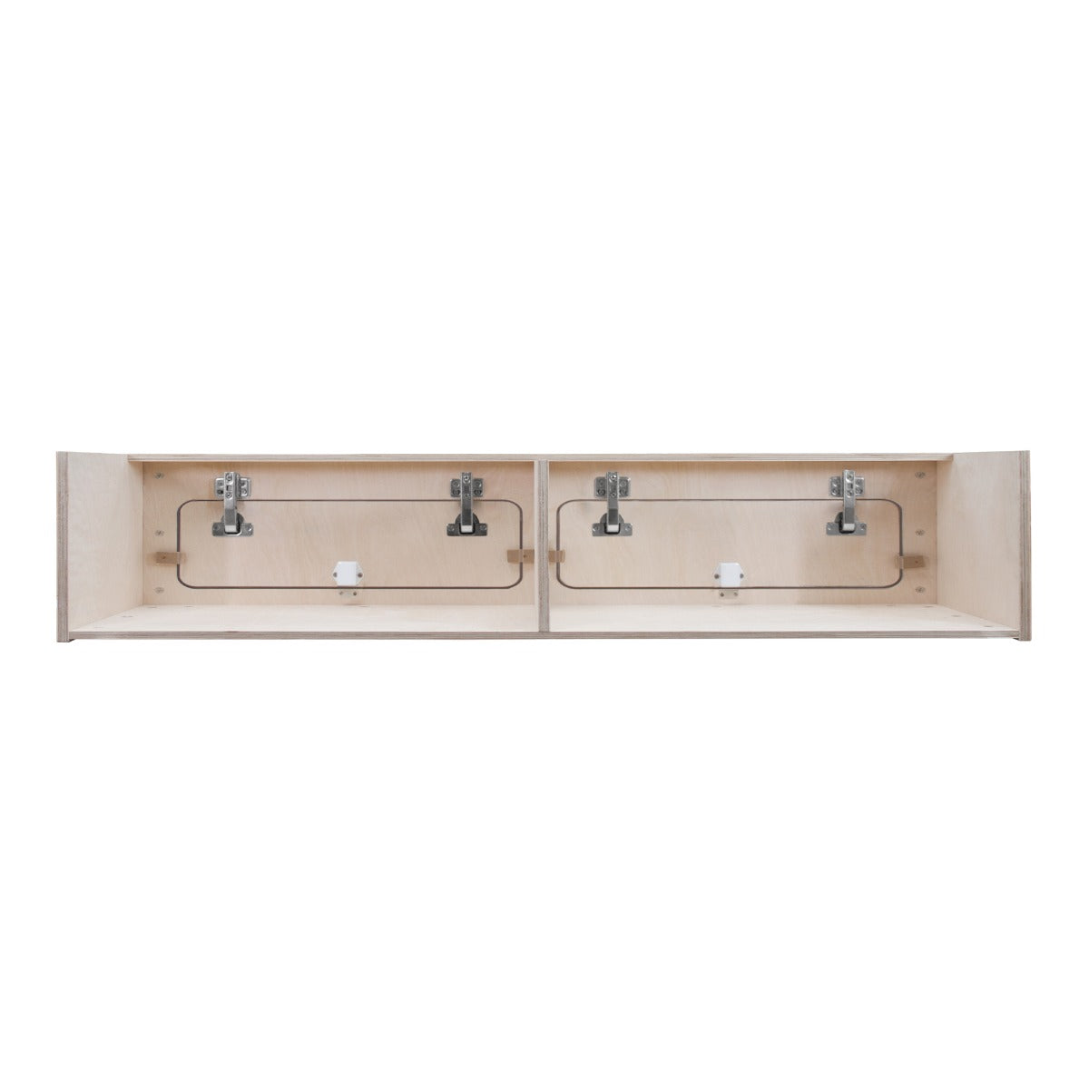 Hängeschrank für Wohnwagen in hellem Holz mit schwarzem Rand, 120cm x 25cm x 25cm, bietet zwei Fächer und stabile Metallbeschläge für sicheren Halt