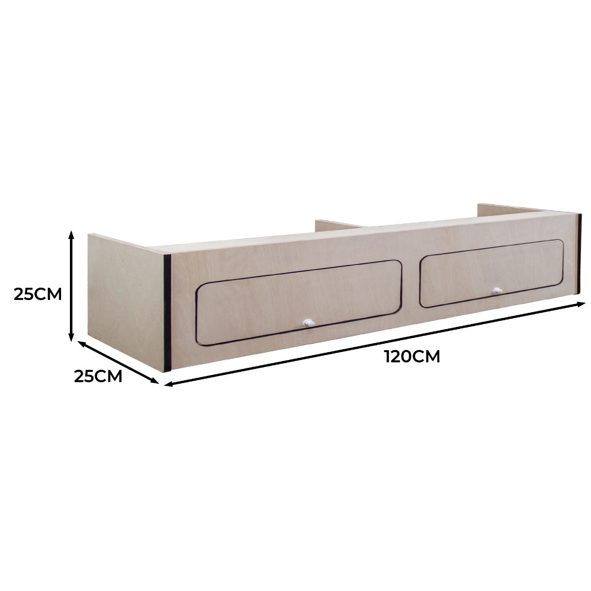 Hängeschrank für Wohnwagen in hellem Holz mit schwarzem Rand, zwei Schubladen, Maße 120cm x 25cm x 25cm, ideal für Stauraum und Organisation