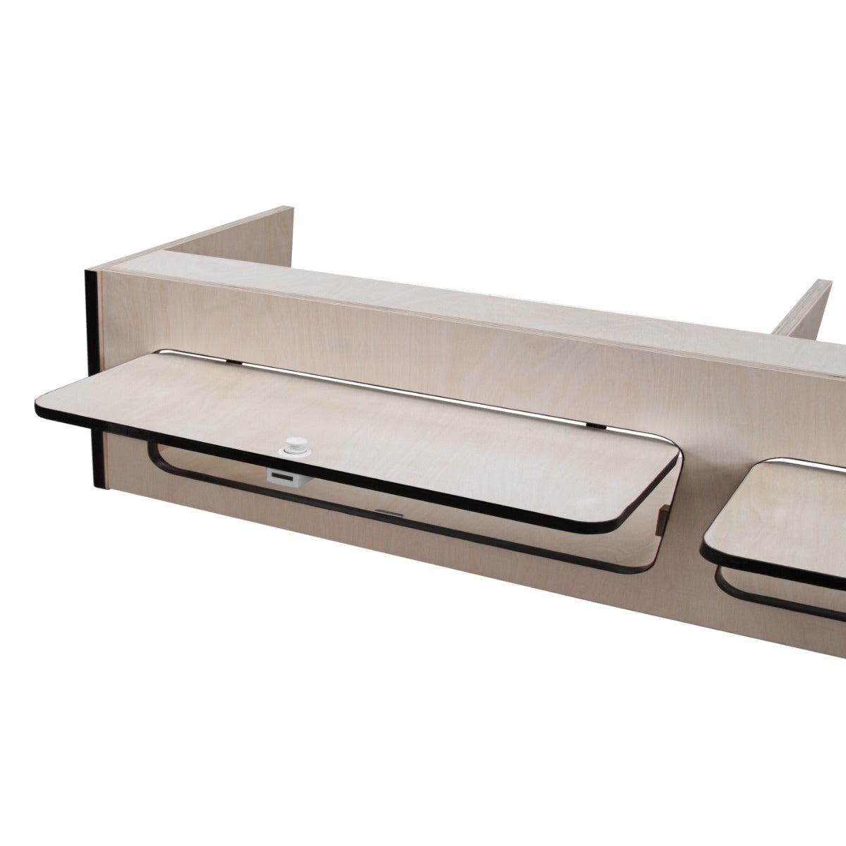Hängeschrank für Wohnwagen in hellem Holz mit schwarzem Rand, Maße 120cm x 25cm x 25cm, bietet praktischen Stauraum und modernes Design