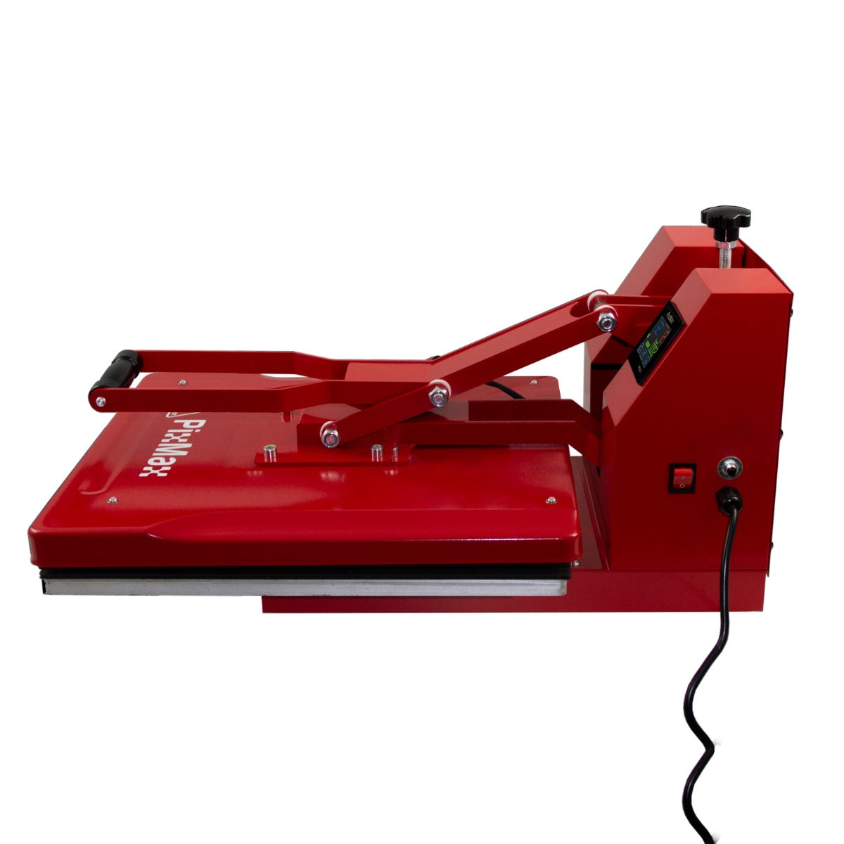 Rote PixMax Transferpresse mit 50 x 50 cm Arbeitsfläche, robustem Design, präziser Temperaturregelung und ergonomischem Griff für einfaches Handling