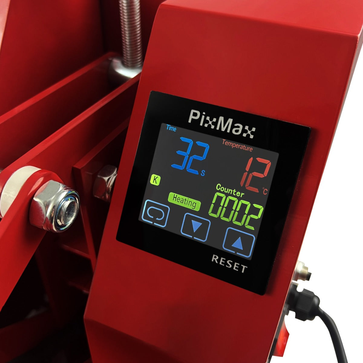 Digitale Steuerung der PixMax Transferpresse mit buntem Display, zeigt Zeit, Temperatur und Zähler für präzise Sublimationsdrucke