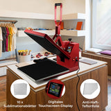 Rot-schwarze PixMax Transferpresse mit digitalem Touchscreen-Display, PTFE-Matte und 10 Sublimationsblättern auf einem Holztisch