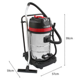 Maxblast 80 L Industriestaubsauger in glänzendem Metall mit rotem Deckel, ausgestattet mit 5 Aufsätzen und 3 Staubsaugerbeuteln, ideal für professionelle Anwendungen