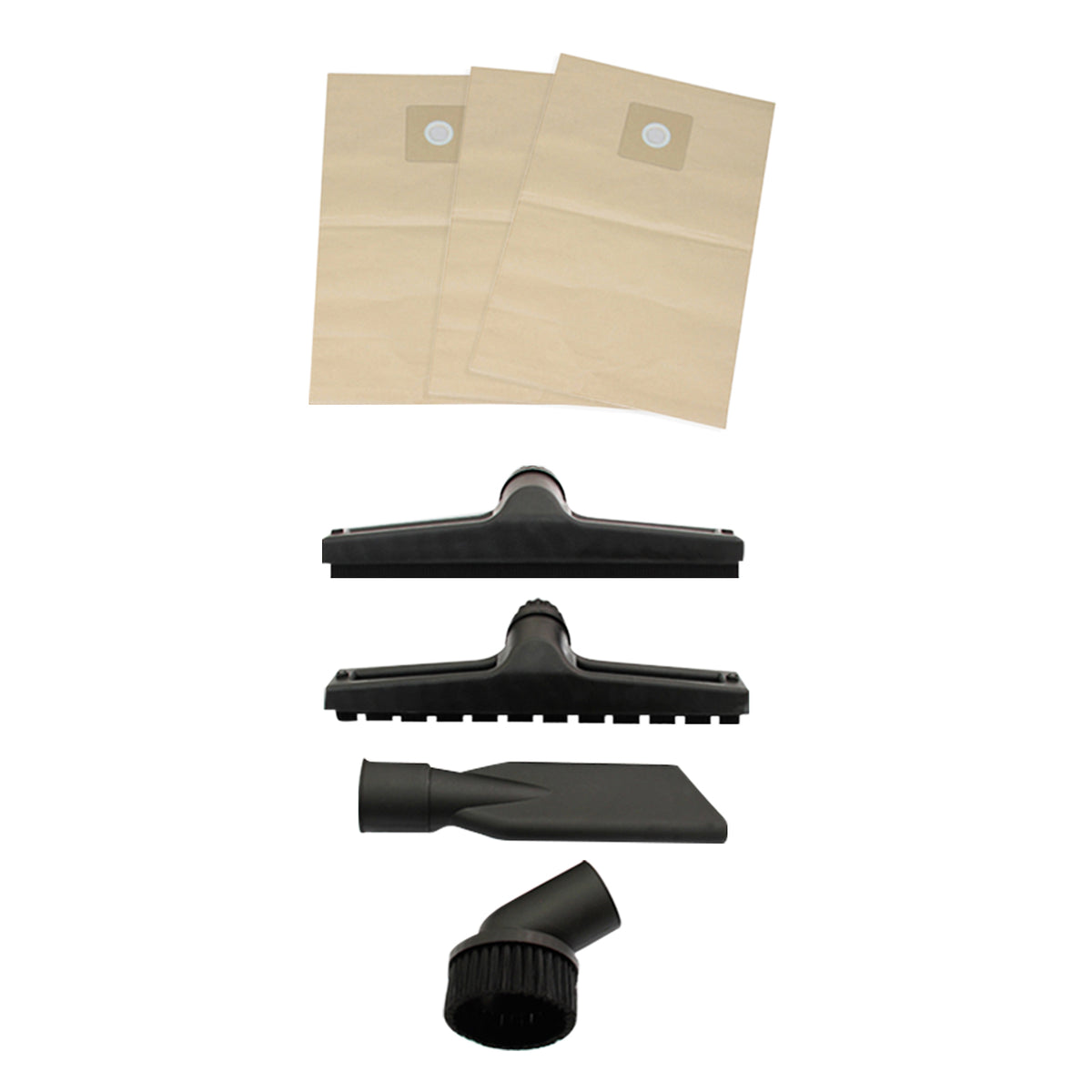 Schwarze Aufsätze und drei braune Staubsaugerbeutel für den Maxblast 80 L Industriestaubsauger, ideal für effektive Reinigung und Staubaufnahme