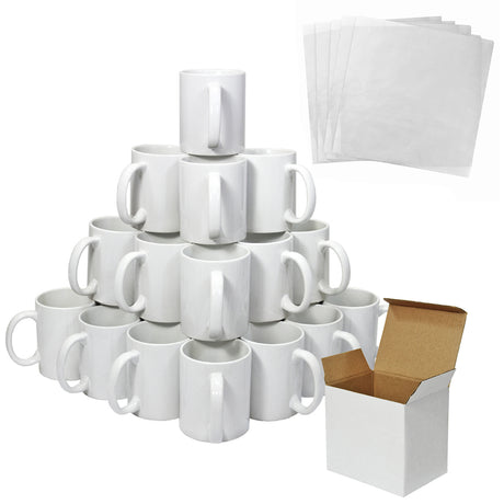 Weißer Keramikkaffeebecherstapel mit 36 Bechern und 5 Sublimationspapierbögen, ideal für personalisierte Druckprojekte und Geschenke