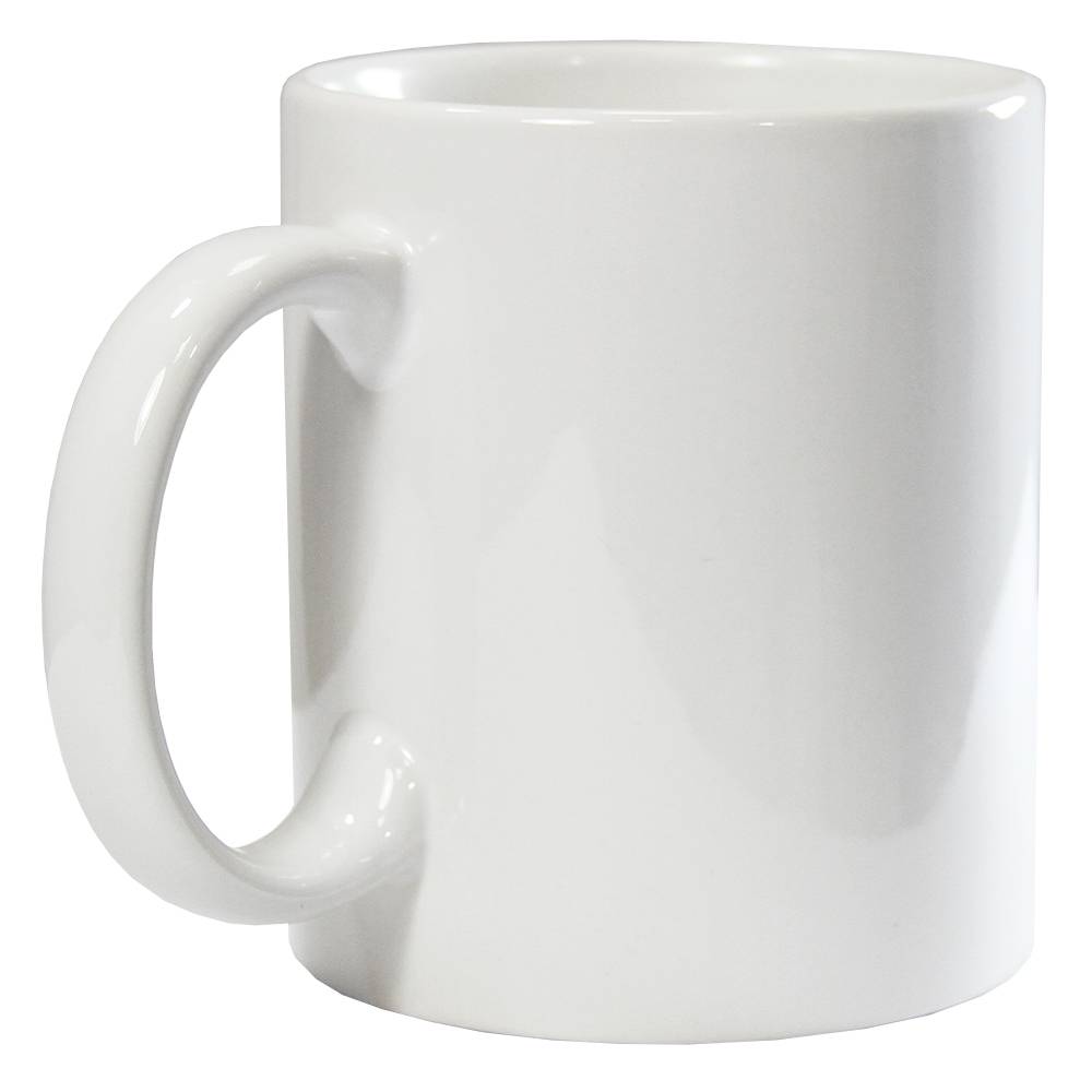 Weißer Keramikbecher mit glänzender Oberfläche und einem stabilen, runden Griff, ideal für personalisierte Designs und Sublimationsdruck