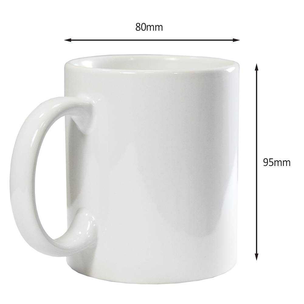 Weißer Keramikbecher mit einem Durchmesser von 80 mm und einer Höhe von 95 mm, ideal für personalisierte Designs und Sublimationstechniken