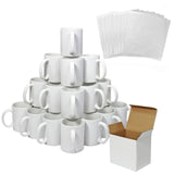 Weißes Keramikbecher-Set mit 72 Tassen in verschiedenen Höhen, umgeben von 10 Sublimationspapierbögen und einer braunen Kartonverpackung