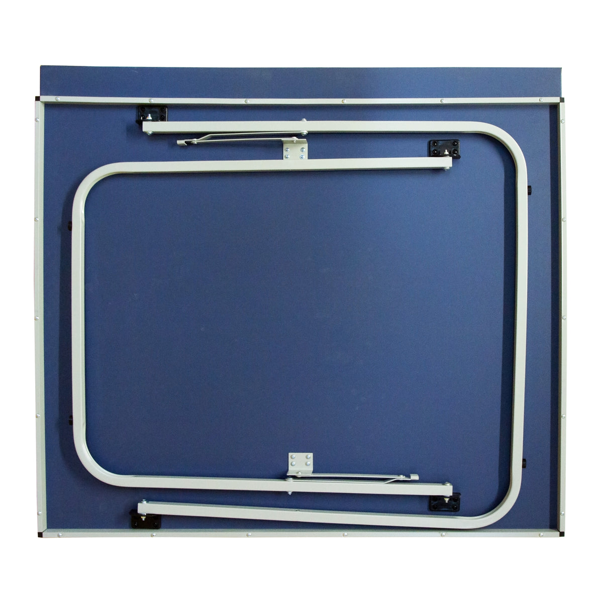 Klappbare Tischtennisplatte in Blau mit weißen Metallrahmen, ideal für den Innen- und Außenbereich, inklusive zwei zusätzliche Tischtennisbälle