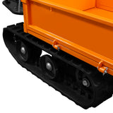 Der Mini Dumper Raupentransporter hat eine leuchtend orangefarbene Ladefläche und robuste Gummiketten für optimale Traktion auf unebenem Gelände