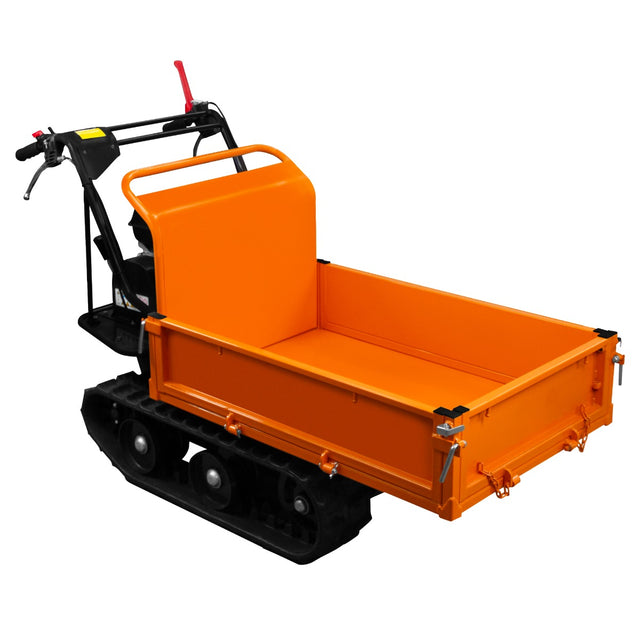 Kompakter Mini Dumper Raupentransporter in leuchtendem Orange mit robustem Stahlrahmen und Gummiketten für vielseitigen Einsatz im Gelände
