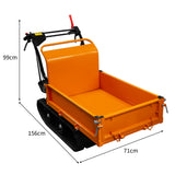 Kompakter Mini Dumper Raupentransporter in leuchtendem Orange, mit robustem Metallrahmen, breiten Gummibändern und geräumiger Ladefläche für vielseitige Anwendungen