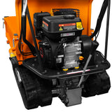 Kompakter Mini Dumper Raupentransporter mit robustem schwarzen Motor, orangefarbenem Chassis und geländetauglichen Gummiketten für vielseitige Einsätze
