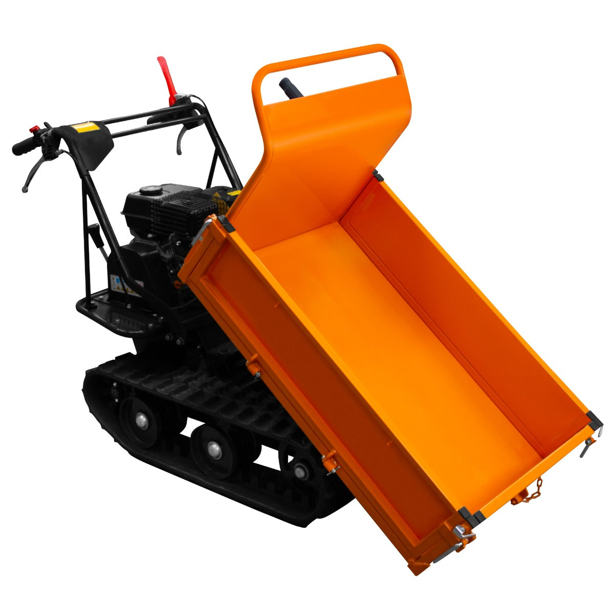 Kompakter Mini Dumper Raupentransporter mit orangefarbener Ladefläche, robustem schwarzen Fahrgestell und Kettenantrieb für vielseitige Anwendungen