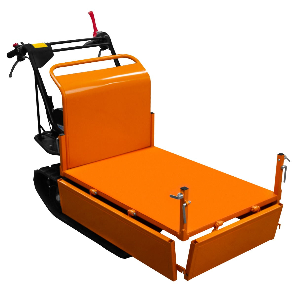 Kompakter Mini Dumper Raupentransporter in leuchtendem Orange mit robustem, flachem Ladebereich und stabilen Seitenklappen für vielseitigen Einsatz
