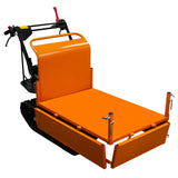 Kompakter Mini Dumper Raupentransporter in leuchtendem Orange mit robustem, flachem Ladebereich und stabilen Seitenklappen für vielseitigen Einsatz