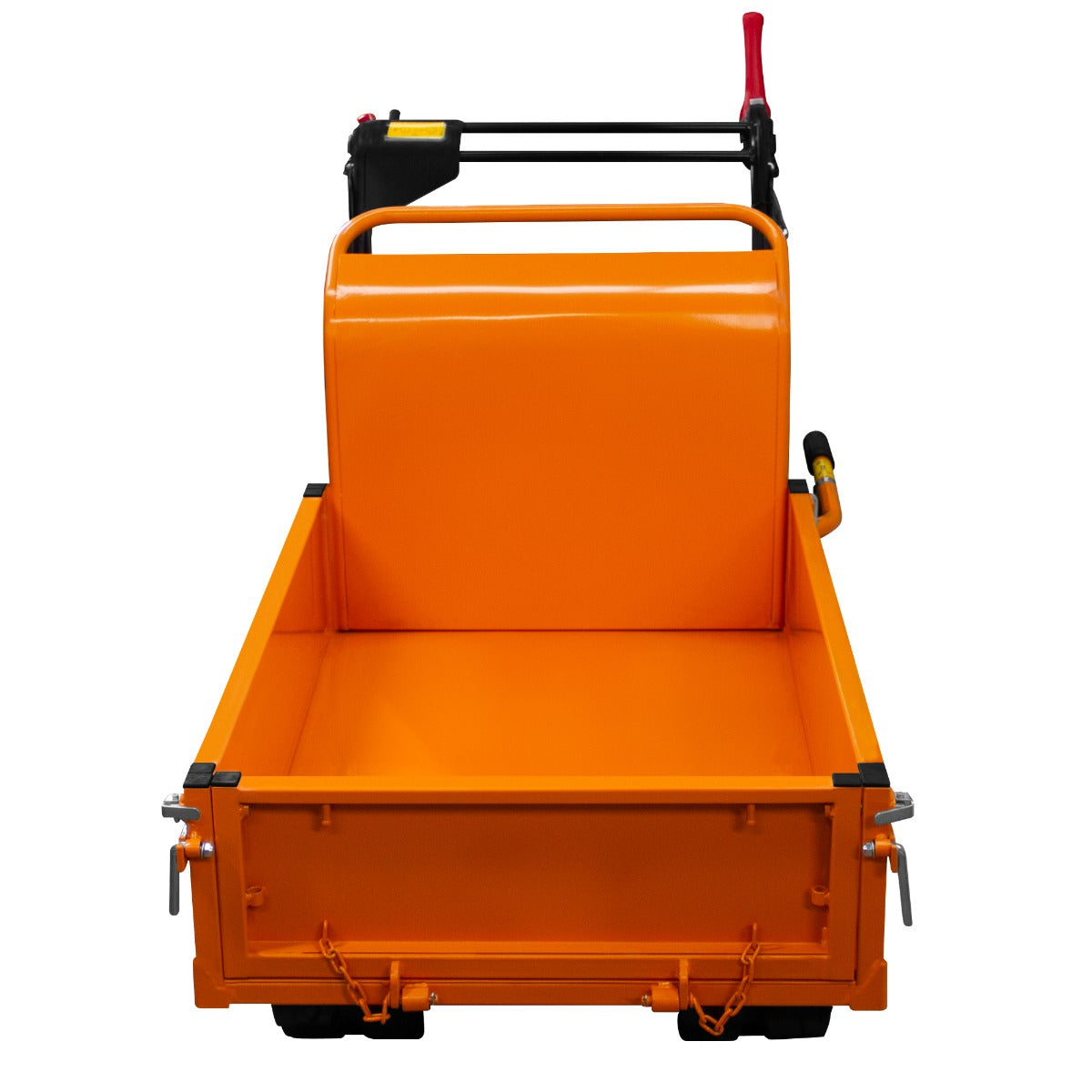 Der Mini Dumper Raupentransporter in leuchtendem Orange mit robustem Metallkörper, breitem Ladebereich und ergonomischem Griff für einfache Handhabung