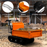Kompakter Mini Dumper Raupentransporter in leuchtendem Orange, mit faltbaren Rampen, 300 kg Tragfähigkeit und robustem 4-Gang-Getriebe auf unebenem Gelände