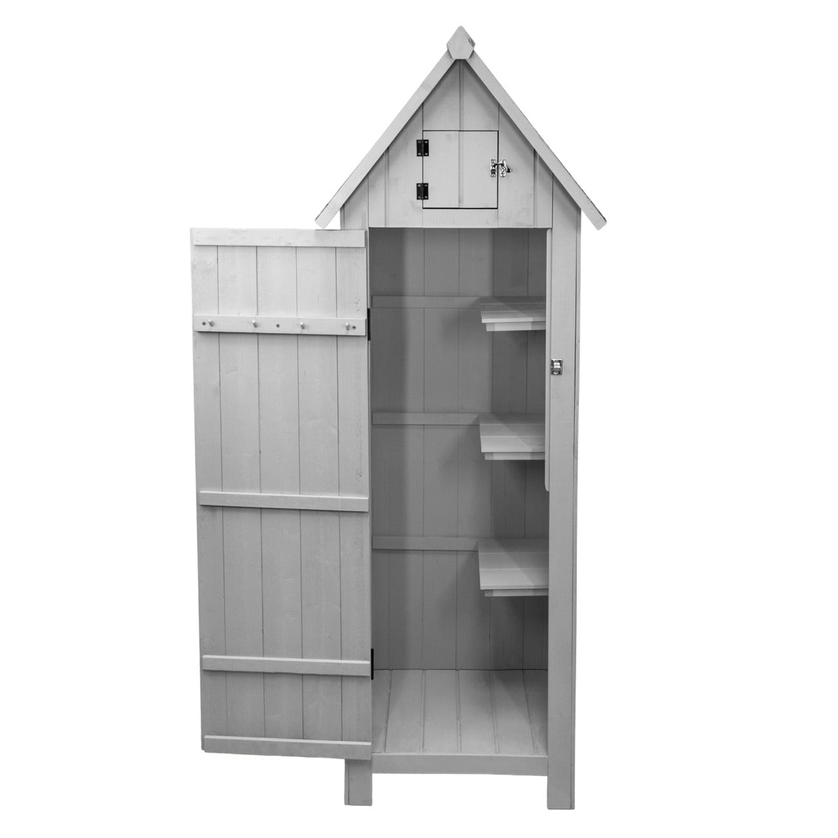Holzgartenhaus in Grau mit spitzem Dach, offener Tür, Innenregalen und natürlicher Holzstruktur, ideal für Gartenlagerung und Dekoration