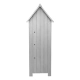 Hochwertiges graues Gartenhaus aus Holz mit schmalem, spitzem Dach und vertikalen Holzlatten, ideal für Gartenlagerung und stilvolle Akzente