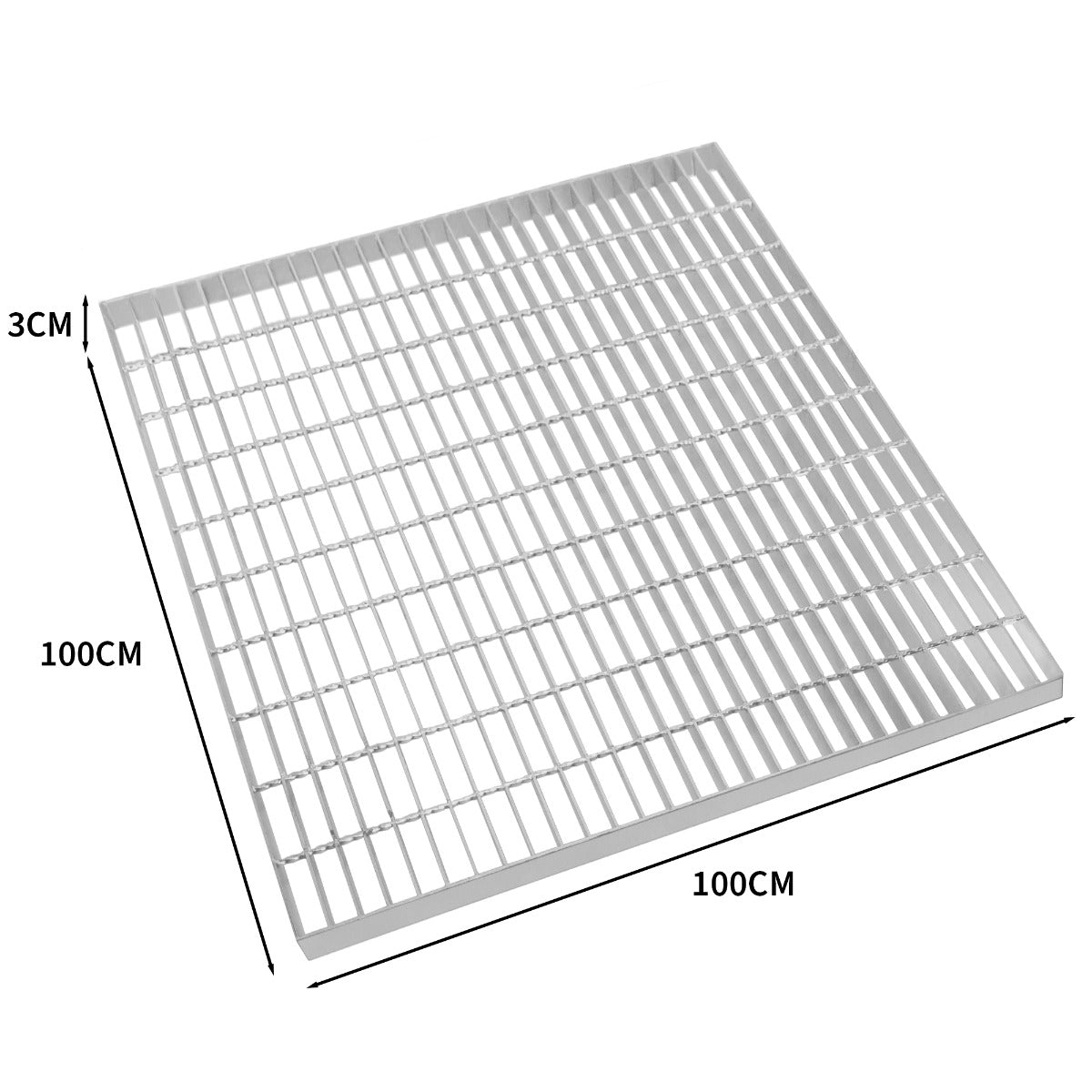 Verzinkter Gitterrost in quadratischer Form, 1000mm x 1000mm, mit stabilen, gleichmäßigen Streben und glatter, silberner Oberfläche, ideal für industrielle Anwendungen