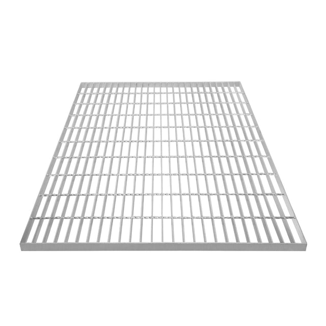 Verzinkter Gitterrost in rechteckiger Form, 1000mm x 900mm, mit gleichmäßigen, robusten Streben und silberner, glänzender Oberfläche