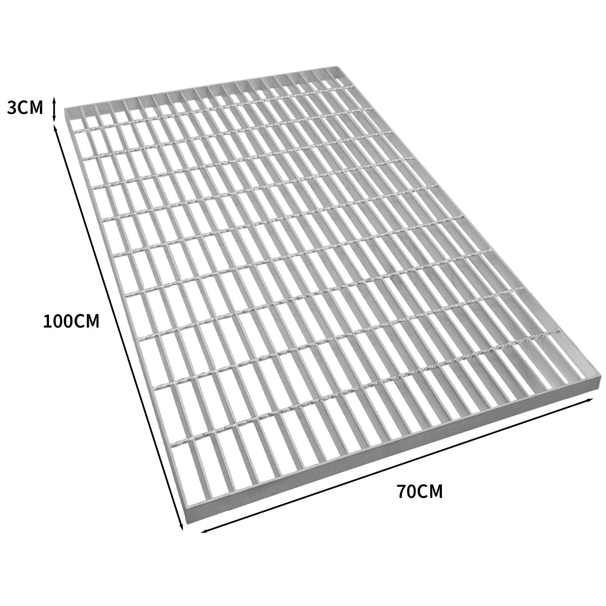 Verzinkter Gitterrost in rechteckiger Form, 1000mm x 700mm, mit 3cm Höhe, zeigt robuste, rutschfeste Oberfläche und gleichmäßige Gitterstruktur