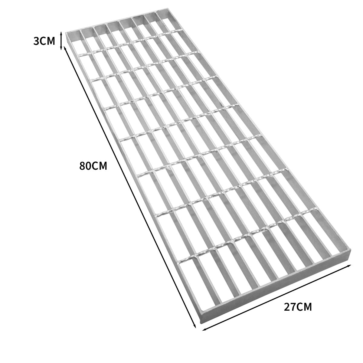 Verzinkter Gitterrost in rechteckiger Form, 800 mm lang, 270 mm breit und 30 mm hoch, mit gleichmäßigen, stabilen Streben für optimale Belastbarkeit