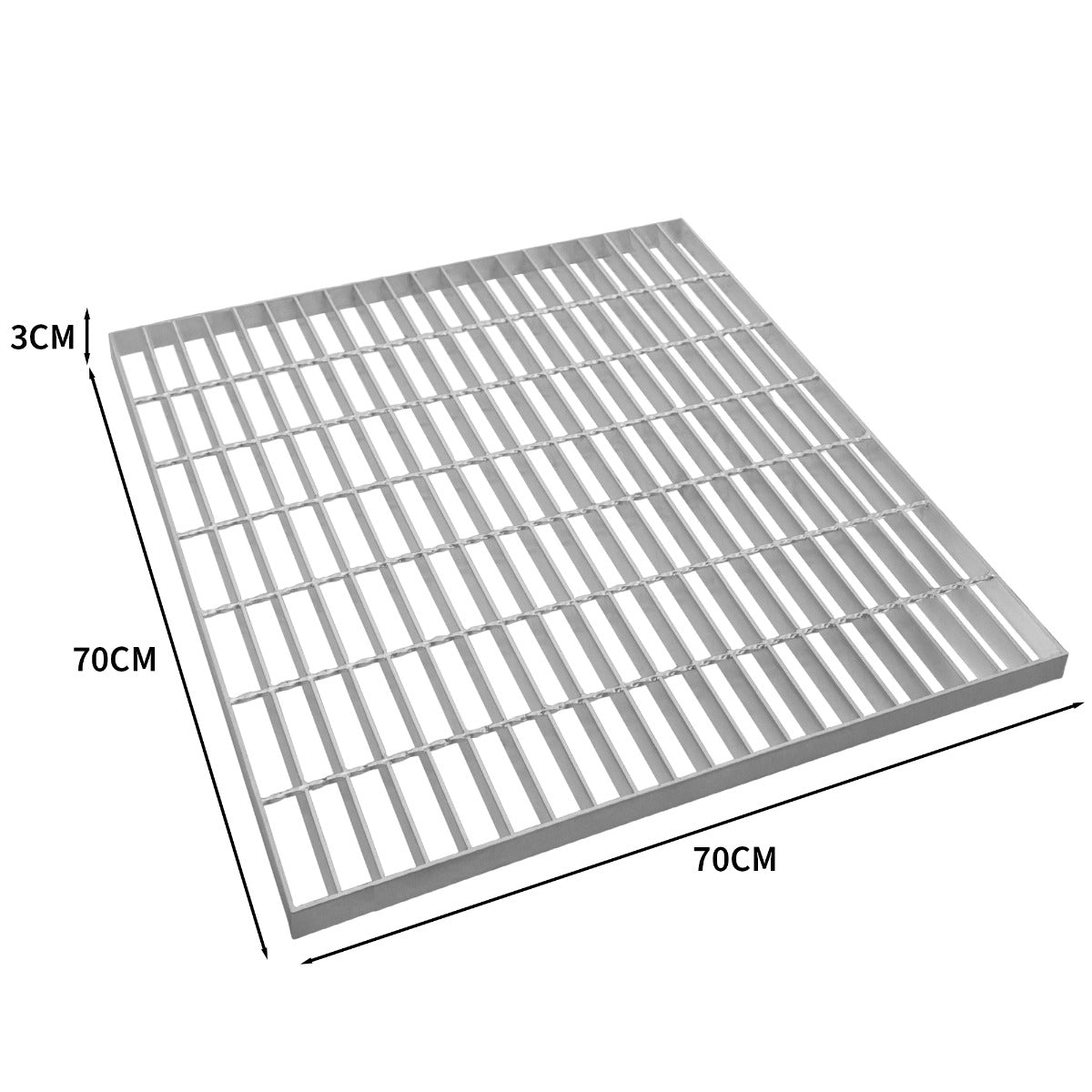 Verzinkter Gitterrost in quadratischer Form, 700mm x 700mm, mit robusten, gleichmäßigen Streben und einer Höhe von 30mm, ideal für industrielle Anwendungen
