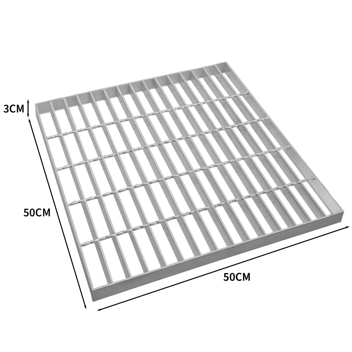 Verzinkter Gitterrost in quadratischer Form, 500mm x 500mm, mit robusten, gleichmäßigen Streben und einer Höhe von 3cm, ideal für industrielle Anwendungen