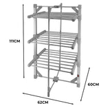 Elektrischer beheizter Wäscheständer in Grau mit drei Ebenen, 111 cm hoch, 62 cm breit, bietet effiziente Trocknung für Wäsche in kompaktem Design