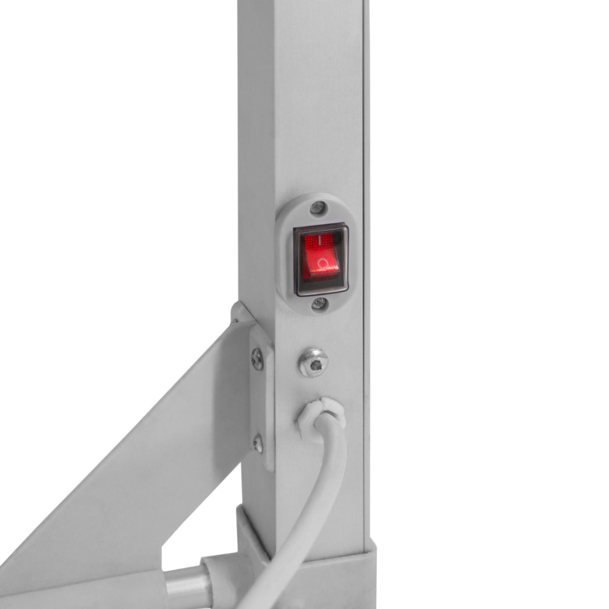 Beheizter Wäscheständer aus silbernem Aluminium mit rotem Schalter, der die Heizfunktion aktiviert, ideal für schnelles Trocknen von Wäsche