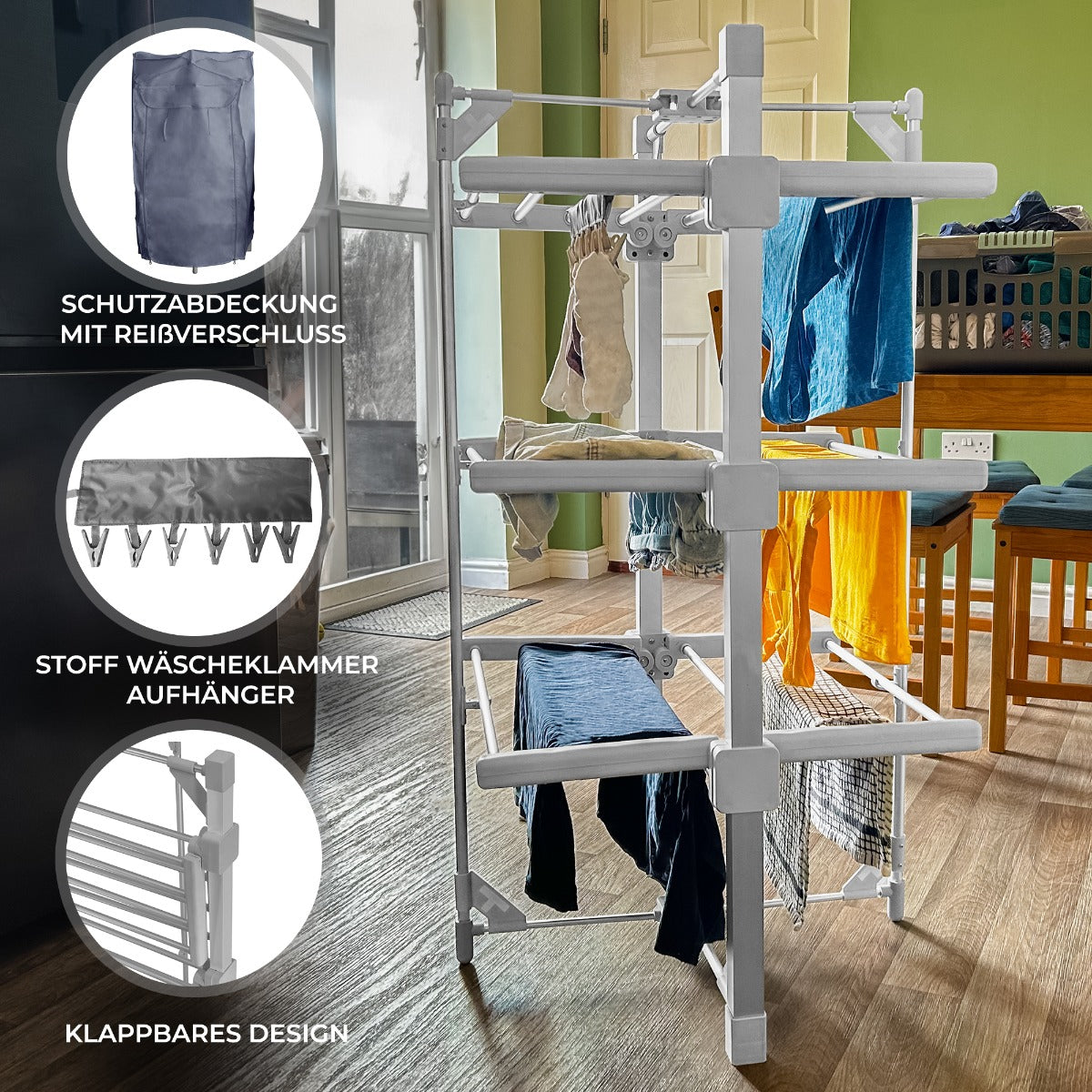 Elektrischer beheizter Wäscheständer in Weiß mit klappbarem Design, ausgestattet mit Stoff-Wäscheklammern und Schutzabdeckung für effizientes Trocknen