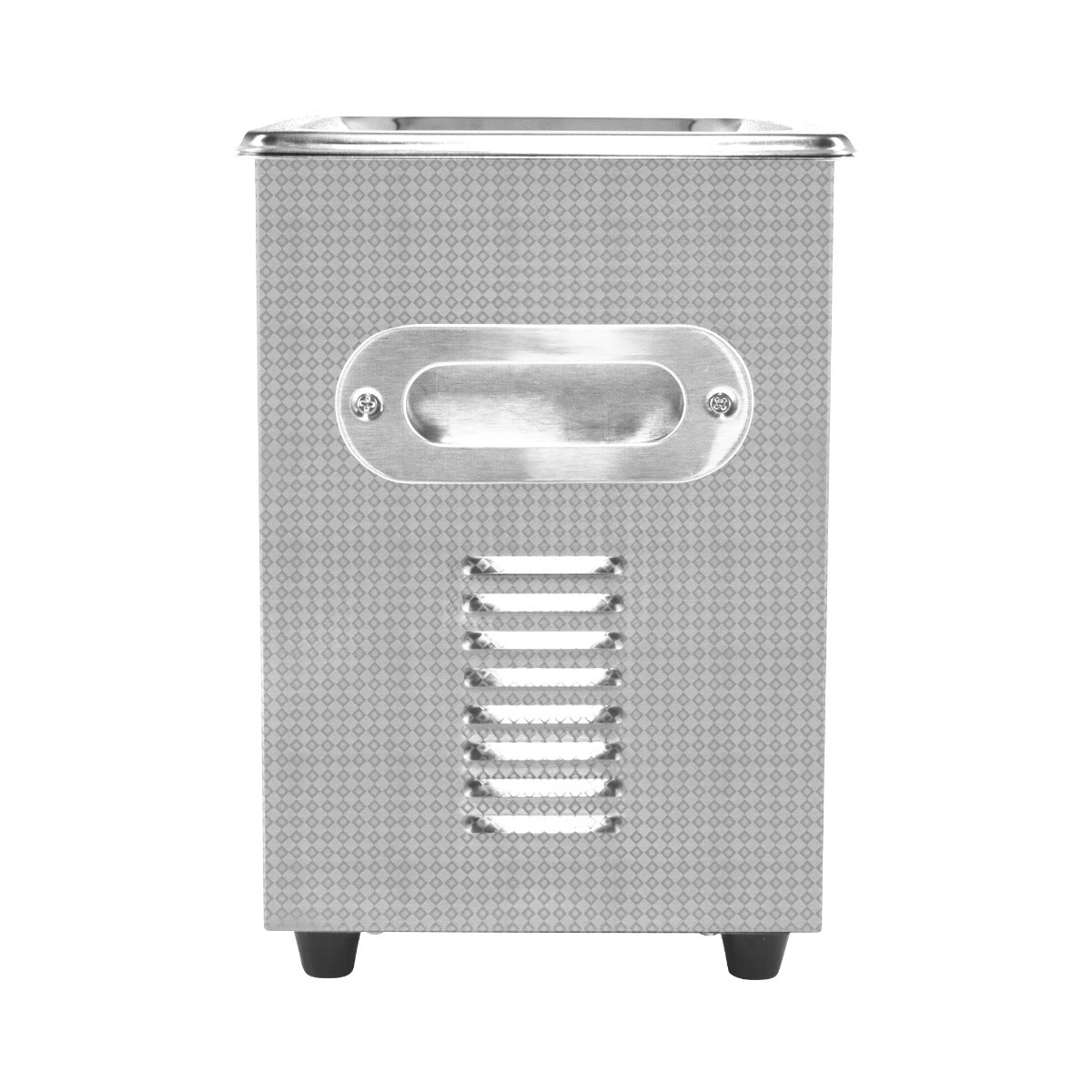 Ultraschallreiniger aus Edelstahl mit strukturiertem Gehäuse, seitlichem Griff und Belüftungsschlitzen, ideal für die gründliche Reinigung von Gegenständen