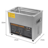 Ultraschallreiniger T-Mech in Edelstahl mit digitalem Display, 3L Kapazität, 22 cm hoch, 27 cm lang, 17 cm breit, ideal für gründliche Reinigung