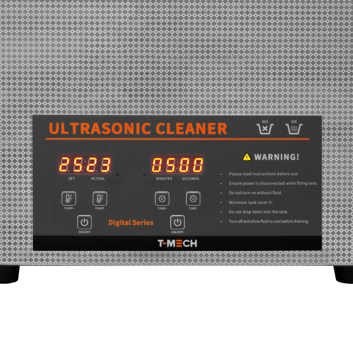 Ultraschallreiniger T-Mech mit digitalem Display, zeigt Temperatur und Zeit an, graue Oberfläche mit strukturiertem Muster und robusten Füßen