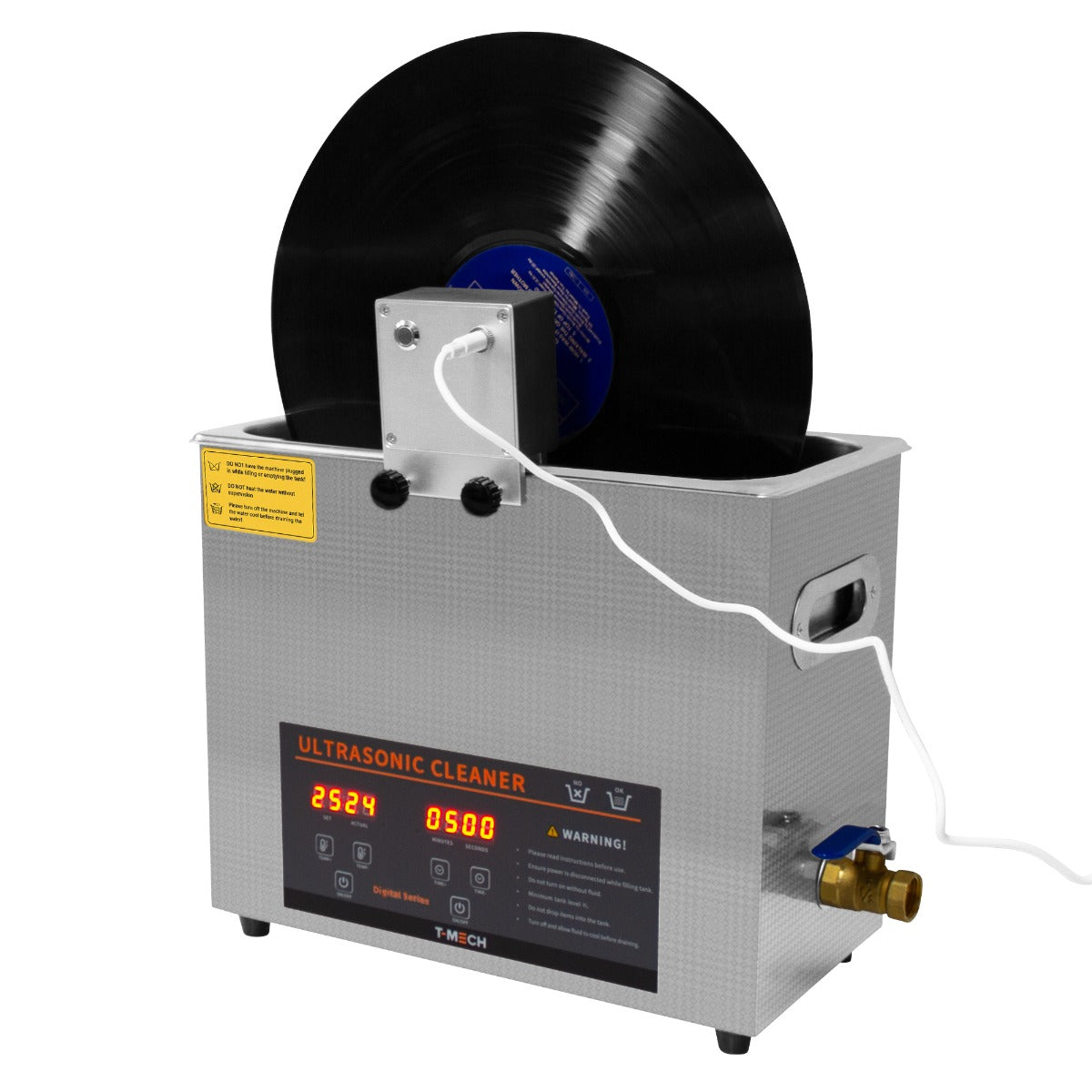 Ultraschallreiniger T-Mech mit silberner Metalloberfläche, digitalem Display und Schallplatte, ideal zur gründlichen Reinigung von Vinylplatten
