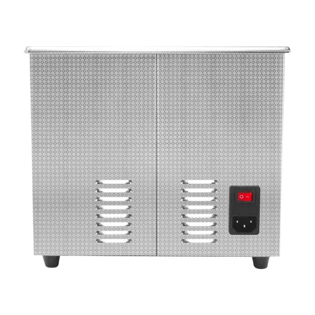 Ultraschallreiniger in glänzendem Edelstahl mit zwei Lüftungsschlitzen und rotem Ein-/Ausschalter, ideal für die Reinigung von Schallplatten und empfindlichen Gegenständen