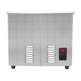 Ultraschallreiniger in glänzendem Edelstahl mit zwei Lüftungsschlitzen und rotem Ein-/Ausschalter, ideal für die Reinigung von Schallplatten und empfindlichen Gegenständen