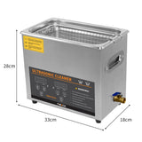 Ultraschallreiniger T-Mech mit 6L Kapazität, Edelstahlgehäuse, digitale Steuerung, Maße 33x18x28 cm, ideal für gründliche Reinigung von Gegenständen
