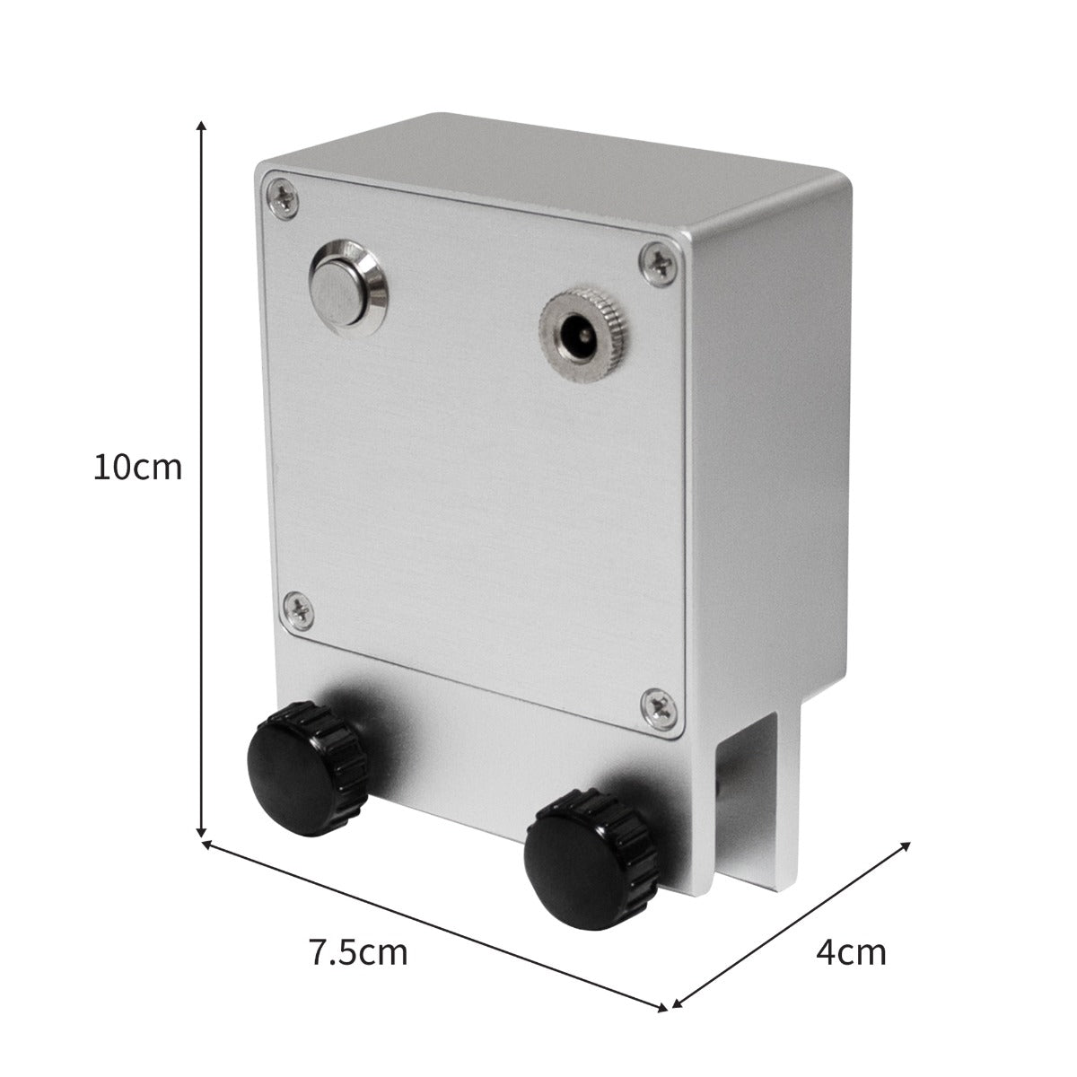 Ultraschallreiniger in silberner Aluminium-Optik, kompakte Bauweise mit zwei Drehknöpfen, Maße: 10 cm hoch, 7,5 cm breit, 4 cm tief