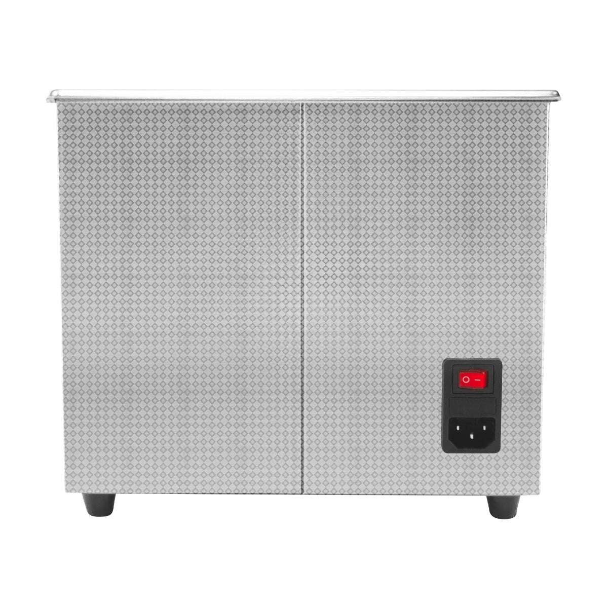 Ultraschallreiniger T-Mech mit 10L Fassungsvermögen, aus glänzendem Edelstahl, mit zwei Türen und einem roten Ein-/Ausschalter auf der Vorderseite
