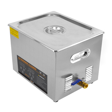 Ultraschallreiniger T-Mech mit 15L Edelstahlgehäuse, glänzende Oberfläche, praktischer Deckel und Wasserablassventil für effiziente Reinigung