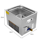 Ultraschallreiniger mit 15L Fassungsvermögen, quadratischer Edelstahlbehälter, abnehmbarer Korb, Maße 36x33x29 cm, ideal für gründliche Reinigung