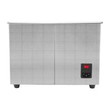 Ultraschallreiniger T-Mech mit 30L Kapazität, glänzendes Edelstahlgehäuse, zwei Türen, robuste Füße und ein roter Ein-/Ausschalter