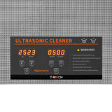 Digitale Steuerung des T-Mech Ultraschallreinigers mit großen roten Ziffern, zeigt Temperatur, Zeit und Warnhinweise auf grauem Hintergrund