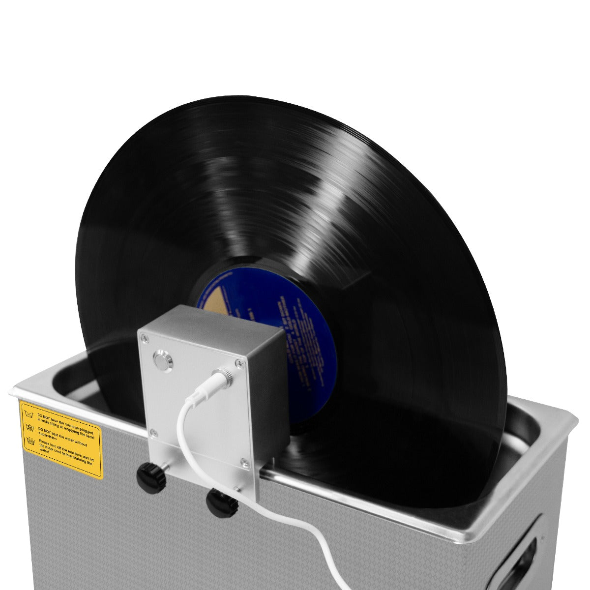 Ultraschall-Schallplattenreiniger aus Edelstahl mit schwarzer Schallplatte, die in der Reinigungswanne schwebt, sorgt für gründliche Reinigung und Pflege