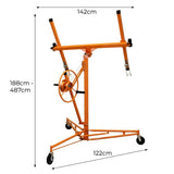 Robuster Plattenheber in leuchtendem Orange, höhenverstellbar von 188 cm bis 487 cm, mit stabilen Rollen und einem praktischen Handrad für einfache Bedienung
